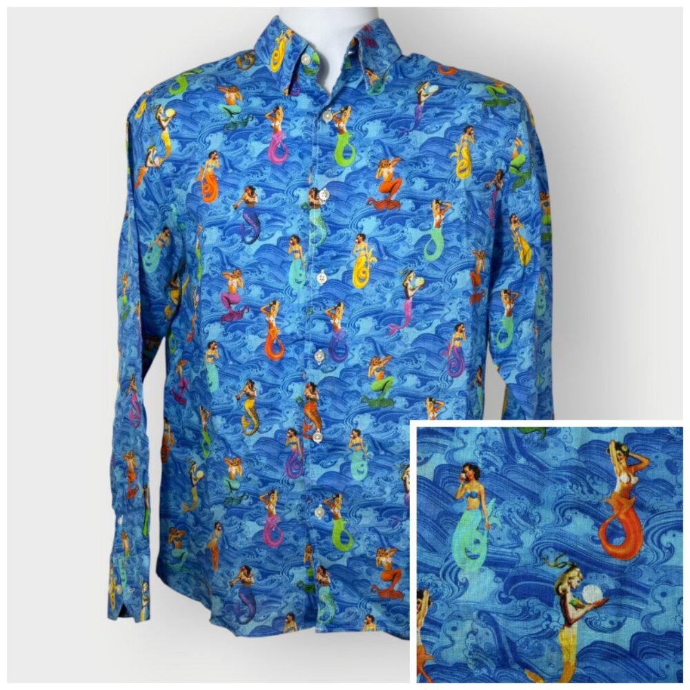 Michaels Pinup Mermaid Linen Shirt | S | Long Sleeve | Beach Wedding Novelty